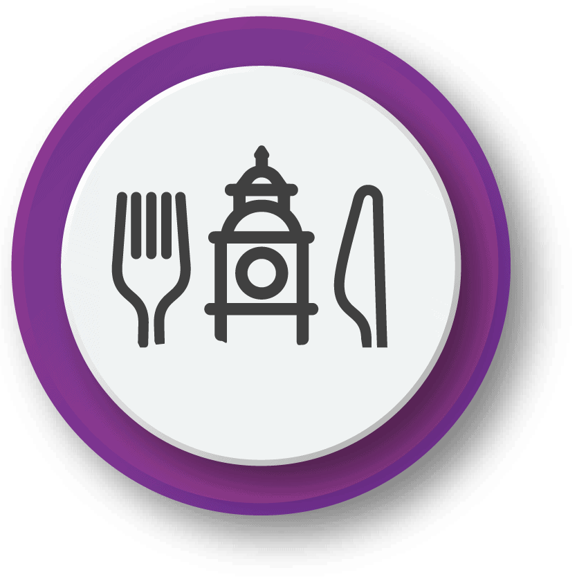 Icon with a knife and fork and the Peterborough clocktower.