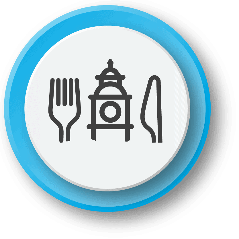 Icon with a knife and fork and the Peterborough clocktower.