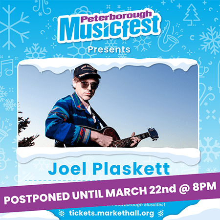Photo of Joel Plaskett with snow flakes and Musicfest Logo