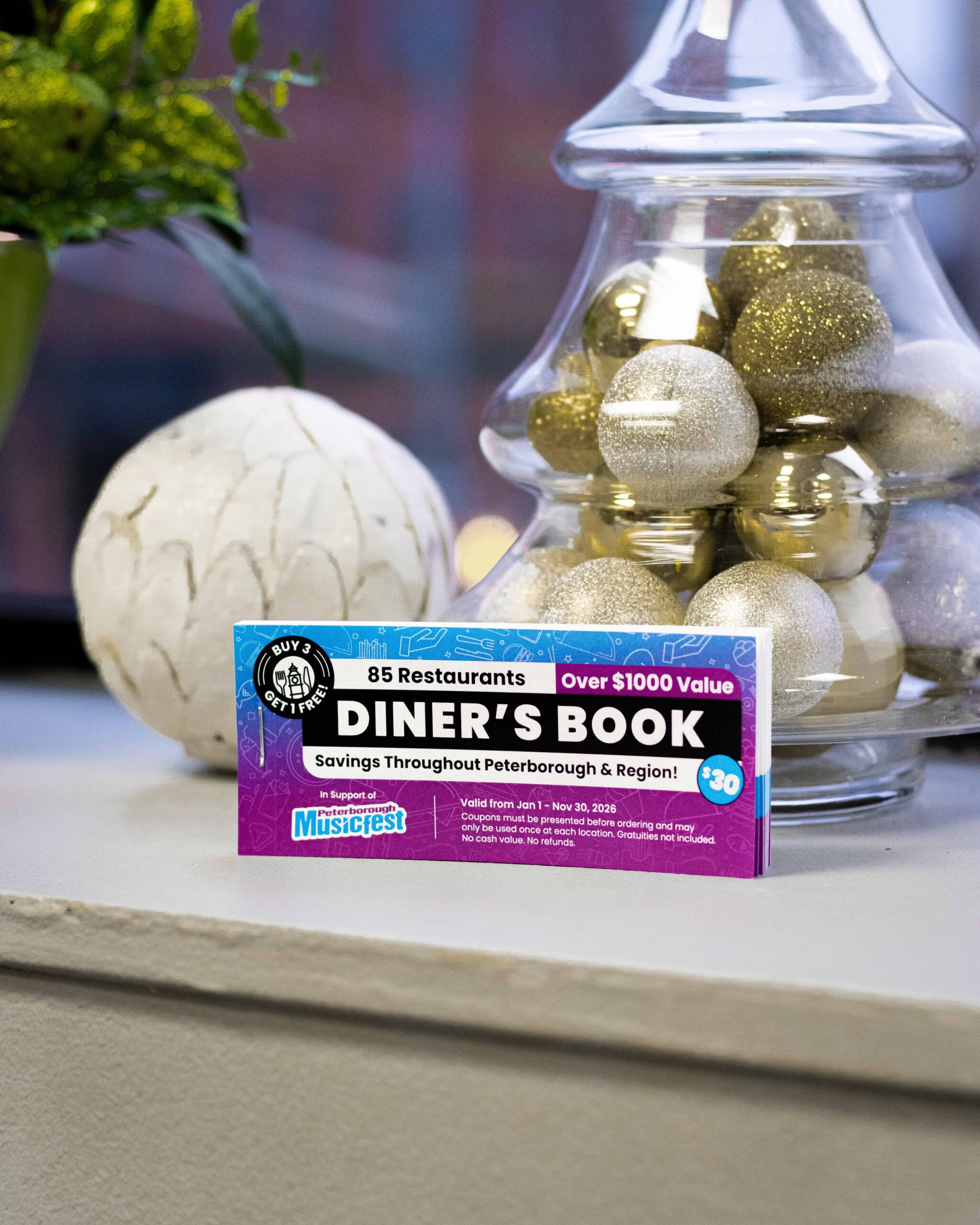 A Diner's Book on a shelf with holiday decorations in the background